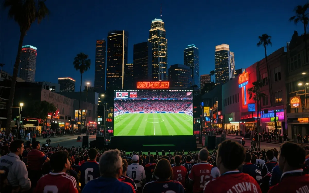 洛杉矶夏夜城市天际线与球迷观赛氛围